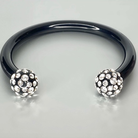 Trendy Black Acrylic Cuff Bracelet, Double Ball End Crystal Rhinestone Cuff, New - Picture 7 of 8